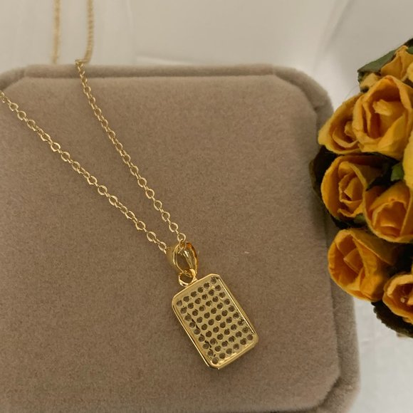 NEW Gold Tone Pave Set Rectangular Cubic Zirconia CZ Pendant + Chain - Picture 4 of 4